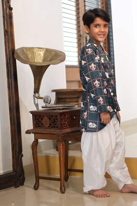 Kirti Agarwal - Pret N Couture_Green Satin, Linen, Embroidery Printed Kurta Set _Online_at_Aza_Fashions