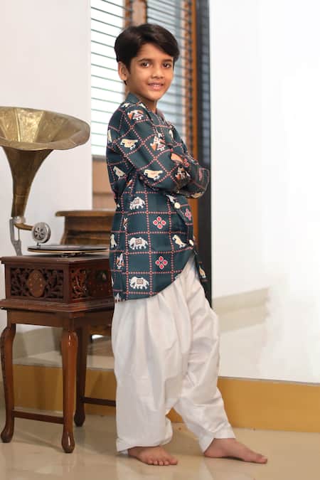 Buy_Kirti Agarwal - Pret N Couture_Green Satin, Linen, Embroidery Printed Kurta Set _Online_at_Aza_Fashions