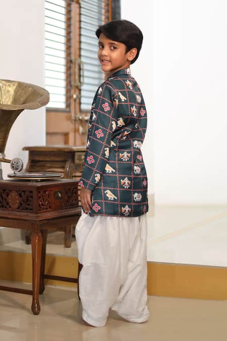 Shop_Kirti Agarwal - Pret N Couture_Green Satin, Linen, Embroidery Printed Kurta Set _Online_at_Aza_Fashions