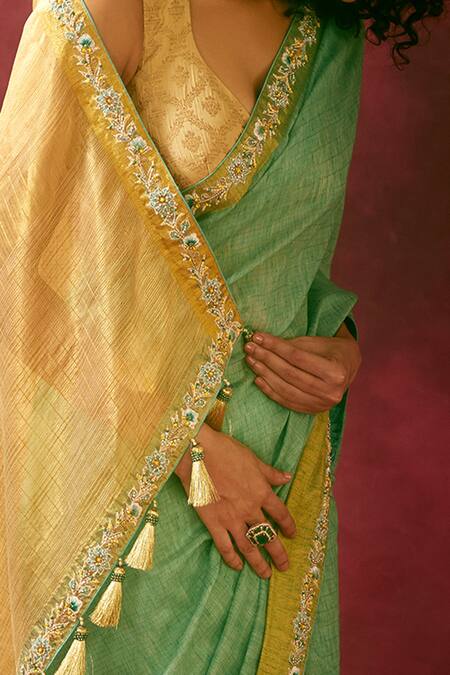 Kaaisha By Shalini_Green Banarasi Chanderi Saree_Online_at_Aza_Fashions