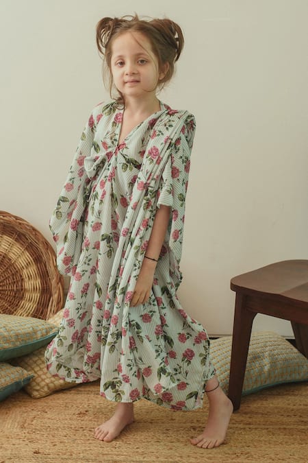 Pasha India_Green Linen Printed Draped Kaftan _Online_at_Aza_Fashions