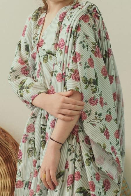 Buy_Pasha India_Green Linen Printed Draped Kaftan _Online_at_Aza_Fashions