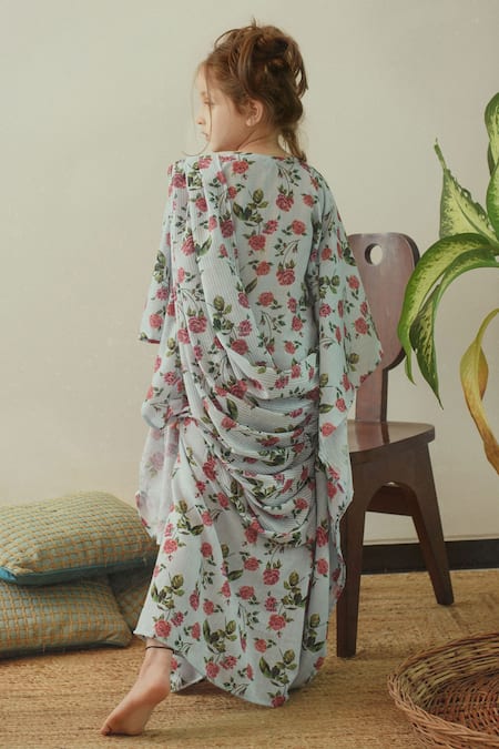 Shop Pasha India Blue Linen Embroidery Printed Draped Kaftan at Aza Fashions Shop_Pasha India_Blue Linen Embroidery Printed Draped Kaftan _at_Aza_Fashions