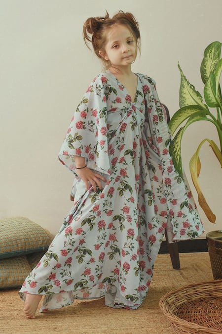 Pasha India Blue Linen Embroidery Printed Draped Kaftan Online at Aza Fashions Pasha India_Blue Linen Embroidery Printed Draped Kaftan _Online_at_Aza_Fashions