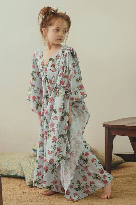 Buy Pasha India Blue Linen Embroidery Printed Draped Kaftan Online at Aza Fashions Buy_Pasha India_Blue Linen Embroidery Printed Draped Kaftan _Online_at_Aza_Fashions