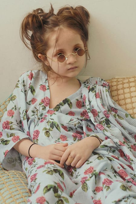 Shop Pasha India Blue Linen Embroidery Printed Draped Kaftan Online at Aza Fashions Shop_Pasha India_Blue Linen Embroidery Printed Draped Kaftan _Online_at_Aza_Fashions