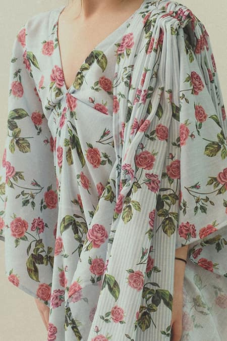 Pasha India Blue Linen Embroidery Printed Draped Kaftan at Aza Fashions Pasha India_Blue Linen Embroidery Printed Draped Kaftan _at_Aza_Fashions