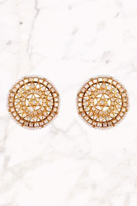 Kaari_Gold Plated Pearls, Stones Polki And Circular Stud Earrings _Online_at_Aza_Fashions