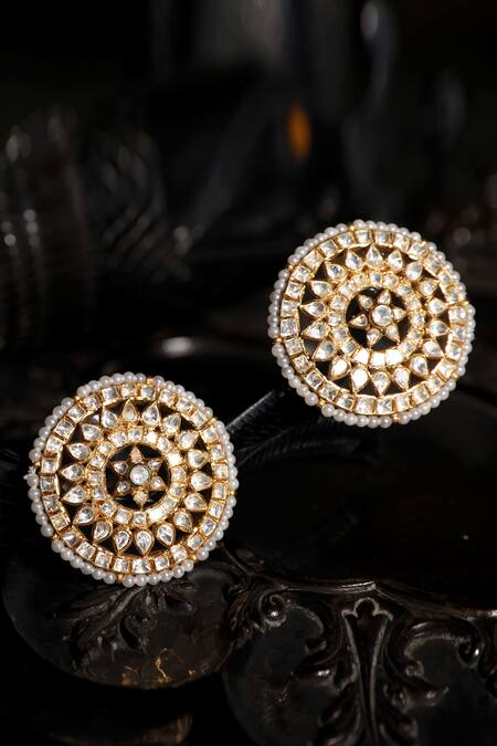 Buy_Kaari_Gold Plated Pearls, Stones Polki And Circular Stud Earrings _Online_at_Aza_Fashions