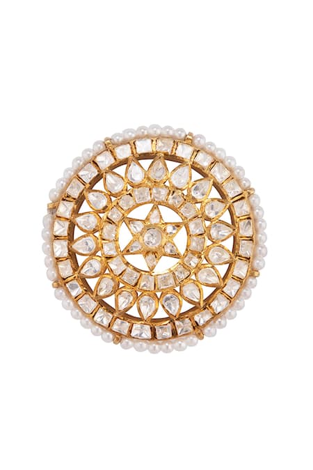 Kaari_Gold Plated Pearls, Stones Polki And Circular Stud Earrings _at_Aza_Fashions