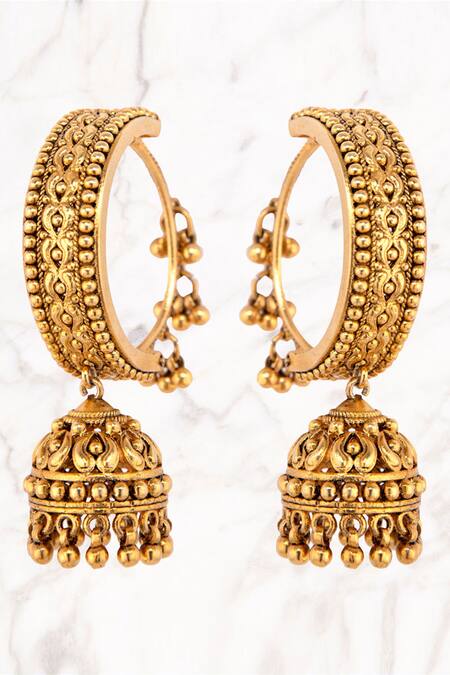 Shop_Kaari_Gold Plated Carved Hoop Jhumkas _Online_at_Aza_Fashions