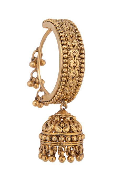 Kaari_Gold Plated Carved Hoop Jhumkas _at_Aza_Fashions
