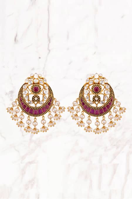 Kaari_Gold Plated Pearls, Rhinestones, Gemstones Vellore Polki Chandbalis _Online_at_Aza_Fashions
