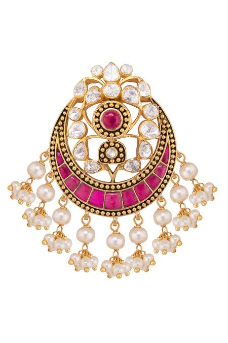 Shop_Kaari_Gold Plated Pearls, Rhinestones, Gemstones Vellore Polki Chandbalis _Online_at_Aza_Fashions
