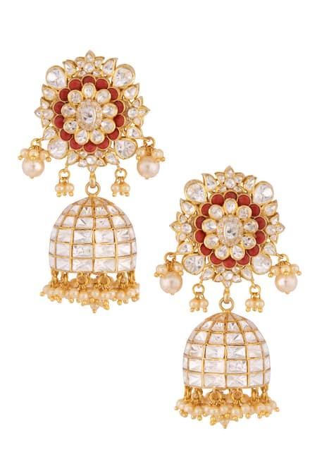 Kaari_Gold Plated Pearls, Stones Floral Polki Jhumkas With And _Online_at_Aza_Fashions