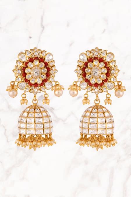 Kaari Floral Polki Jhumkas with Pearl & Coral 