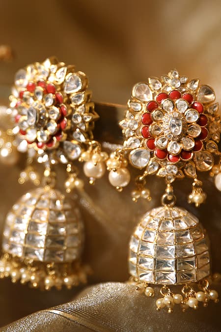 Buy_Kaari_Gold Plated Pearls, Stones Floral Polki Jhumkas With And _Online_at_Aza_Fashions