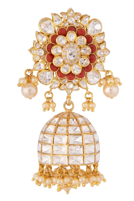 Shop_Kaari_Gold Plated Pearls, Stones Floral Polki Jhumkas With And _Online_at_Aza_Fashions