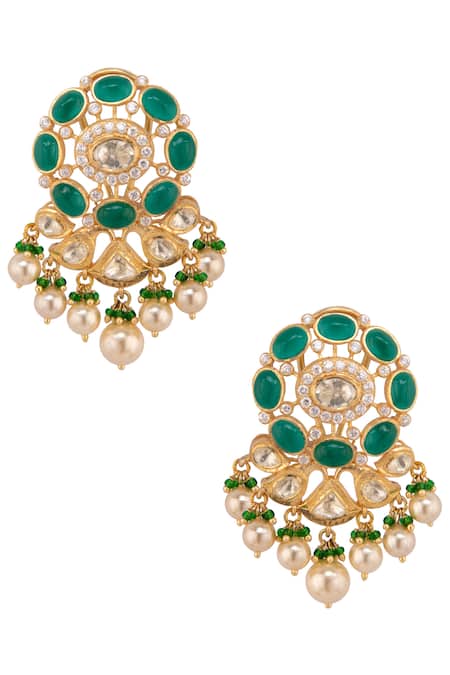 Kaari_Gold Plated Pearls, Gemstones Floral Polki Drop Danglers _Online_at_Aza_Fashions