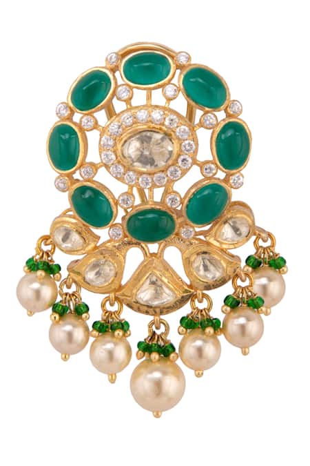 Buy_Kaari_Gold Plated Pearls, Gemstones Floral Polki Drop Danglers _Online_at_Aza_Fashions