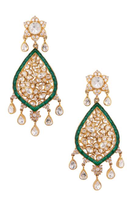 Kaari_Gold Plated Pearls, Gemstones Floral Polki Danglers _Online_at_Aza_Fashions