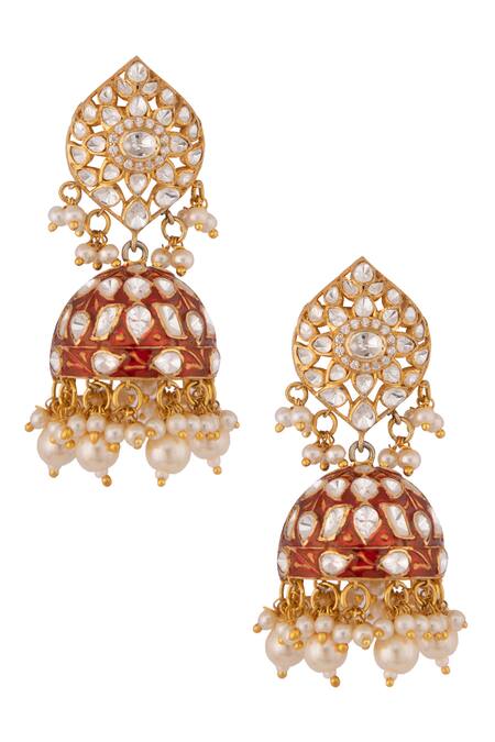 Buy_Kaari_Gold Plated Pearls Vellore Polki Jhumkas_Online_at_Aza_Fashions