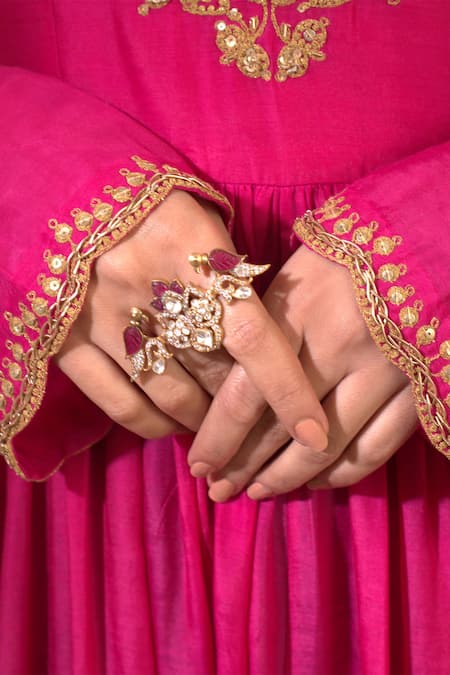 Kaari Gold Plated Rhinestones, Gemstones Vellore Polki Adjustable Ring