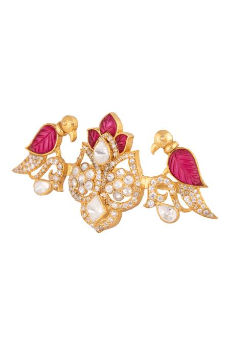 Kaari_Gold Plated Rhinestones, Gemstones Vellore Polki Adjustable Ring _Online_at_Aza_Fashions