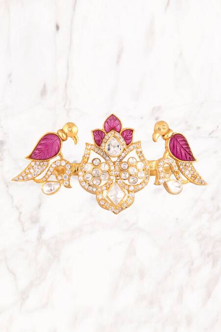 Buy_Kaari_Gold Plated Rhinestones, Gemstones Vellore Polki Adjustable Ring _Online_at_Aza_Fashions