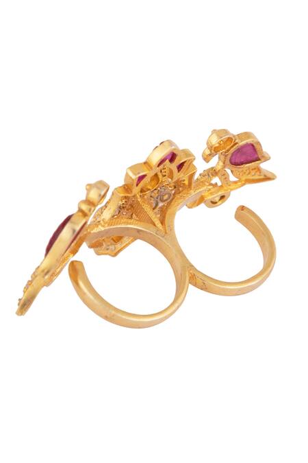 Shop_Kaari_Gold Plated Rhinestones, Gemstones Vellore Polki Adjustable Ring _Online_at_Aza_Fashions