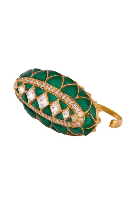 Buy Kaari Gold Plated Gemstones, Diamonds Emerald Vellore Polki Two Finger Ring Online at Aza Fashions Buy_Kaari_Gold Plated Gemstones, Diamonds Emerald Vellore Polki Two Finger Ring_Online_at_Aza_Fashions