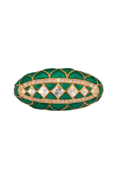 Kaari Gold Plated Gemstones, Diamonds Emerald Vellore Polki Two Finger Ring Online at Aza Fashions Kaari_Gold Plated Gemstones, Diamonds Emerald Vellore Polki Two Finger Ring_Online_at_Aza_Fashions