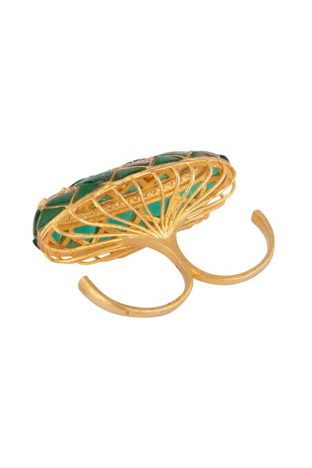 Kaari Gold Plated Gemstones, Diamonds Emerald Vellore Polki Two Finger Ring at Aza Fashions Kaari_Gold Plated Gemstones, Diamonds Emerald Vellore Polki Two Finger Ring_at_Aza_Fashions
