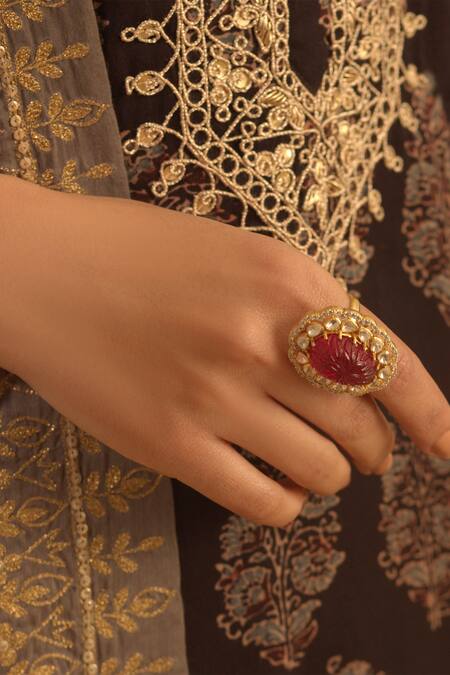 Shop_Kaari_Gold Plated Stones, Crystals Ruby And Vellore Polki Floral Ring_Online_at_Aza_Fashions