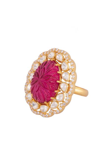 Kaari_Gold Plated Stones, Crystals Ruby And Vellore Polki Floral Ring_Online_at_Aza_Fashions