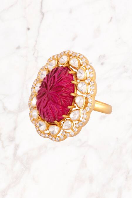Buy_Kaari_Gold Plated Stones, Crystals Ruby And Vellore Polki Floral Ring_Online_at_Aza_Fashions
