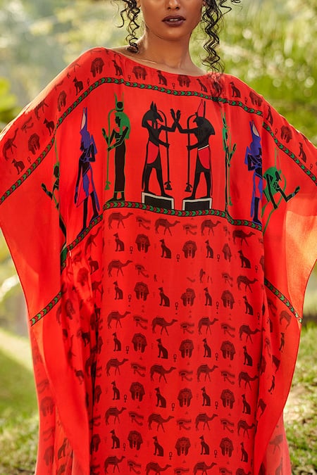 Shop_Nautanky_Red Crepe Round Printed Kaftan _Online_at_Aza_Fashions