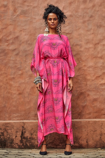 Nautanky_Pink Crepe Round Printed Kaftan _Online_at_Aza_Fashions