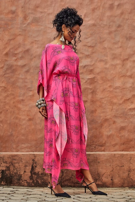 Buy_Nautanky_Pink Crepe Round Printed Kaftan _Online_at_Aza_Fashions