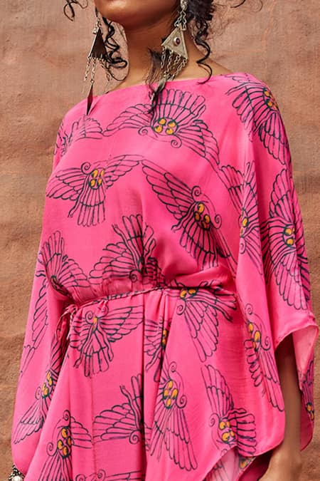 Nautanky_Pink Crepe Round Printed Kaftan _at_Aza_Fashions