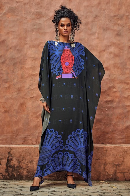 Nautanky Black Crepe V Neck Printed Kaftan 