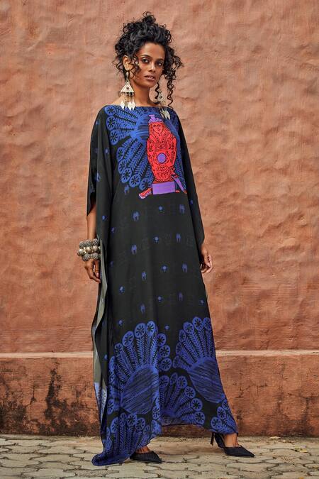 Nautanky_Black Crepe V Neck Printed Kaftan _Online_at_Aza_Fashions