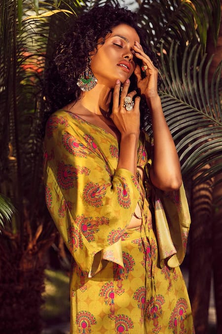 Buy_Nautanky_Green Crepe V Neck Kaftan Crop Top And Pant Set _Online_at_Aza_Fashions