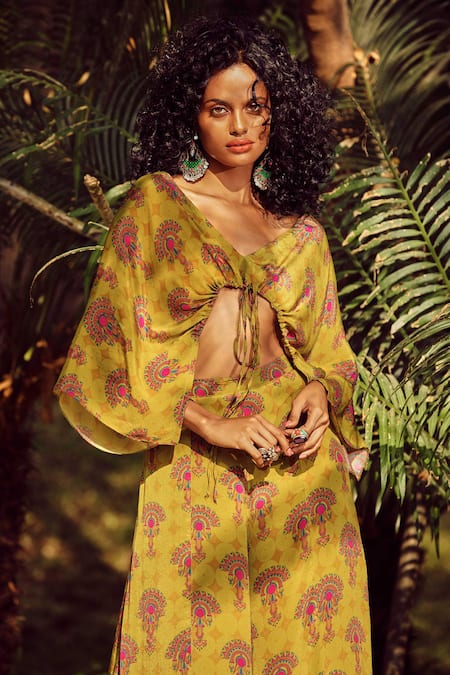 Shop_Nautanky_Green Crepe V Neck Kaftan Crop Top And Pant Set _Online_at_Aza_Fashions