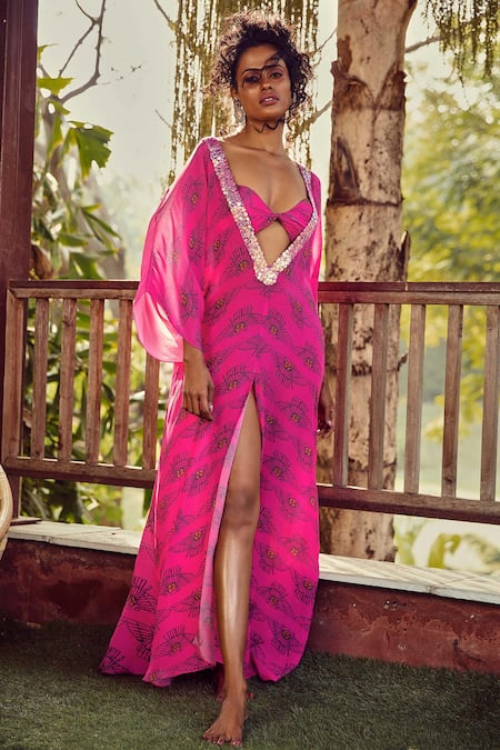 Nautanky Printed Slit Kaftan with Bikini Top 