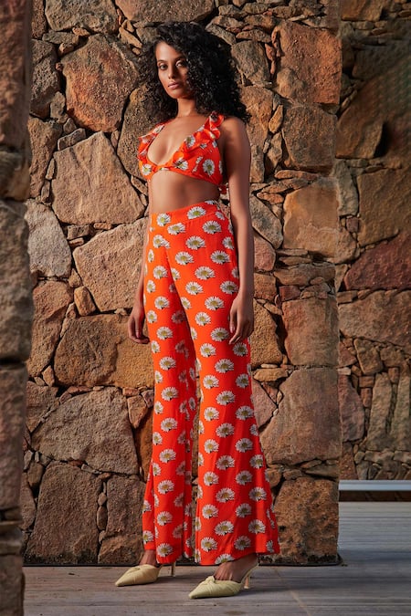 Shop_Nautanky_Orange Crepe V Neck Ruffle Crop Top And Pant Set _Online_at_Aza_Fashions