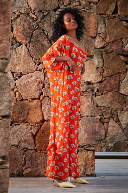 Nautanky_Orange Crepe Crop Top Cowl Floral Print Cape And Pant Set _Online_at_Aza_Fashions