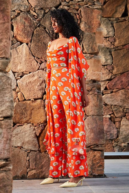 Buy_Nautanky_Orange Crepe Crop Top Cowl Floral Print Cape And Pant Set _Online_at_Aza_Fashions