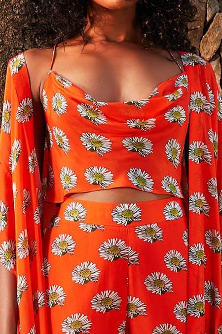 Shop_Nautanky_Orange Crepe Crop Top Cowl Floral Print Cape And Pant Set _Online_at_Aza_Fashions