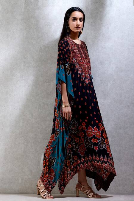 Ritu Kumar_Black Crepe, Rayon Round Floral Print Kaftan_Online_at_Aza_Fashions